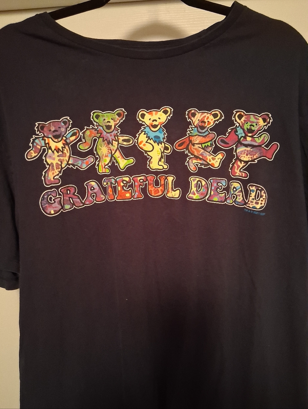 Grateful Dead Black Tee with Multicolor Tie-Dye Dancing Bears